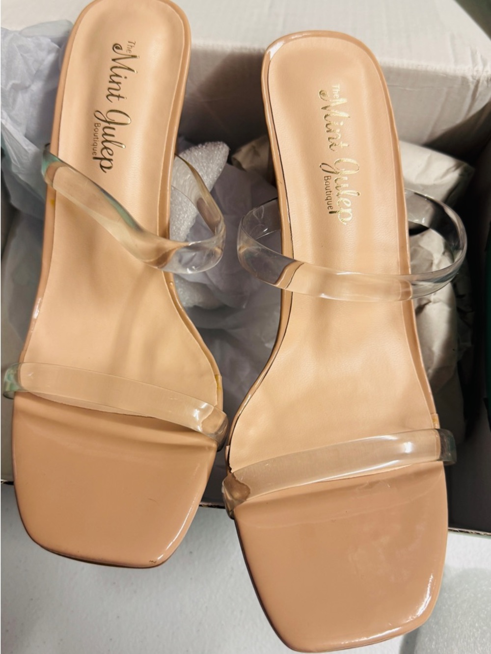 The Mint Julep Boutique Nude Clear-Strap Square Toe Heels